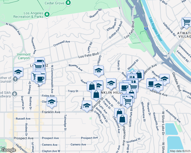 map of restaurants, bars, coffee shops, grocery stores, and more near 3939 Tracy Street in Los Angeles