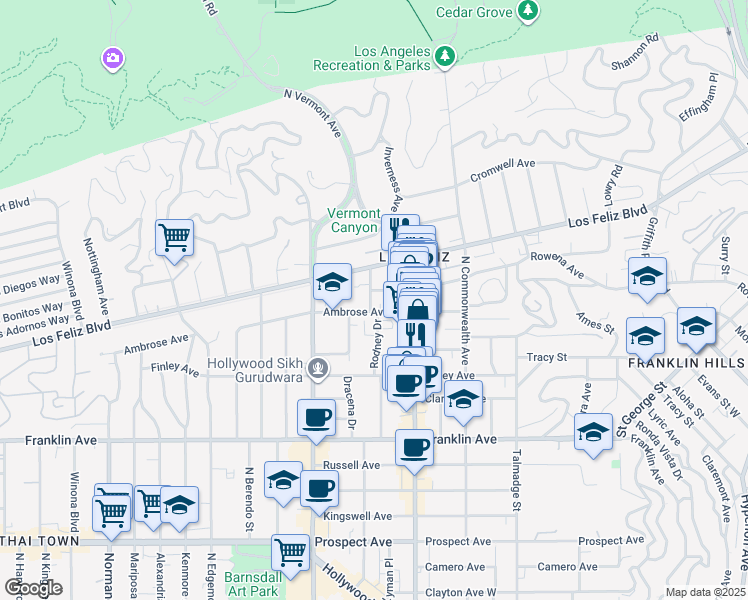 map of restaurants, bars, coffee shops, grocery stores, and more near 4525 Ambrose Avenue in Los Angeles