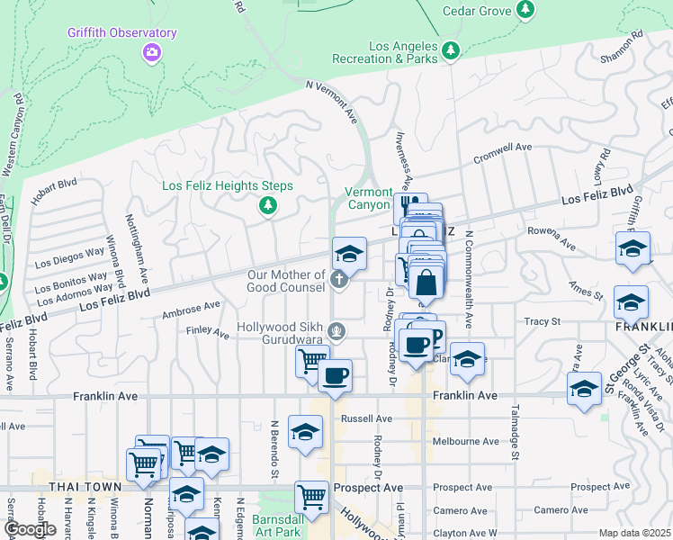 map of restaurants, bars, coffee shops, grocery stores, and more near 4635 Ambrose Avenue in Los Angeles