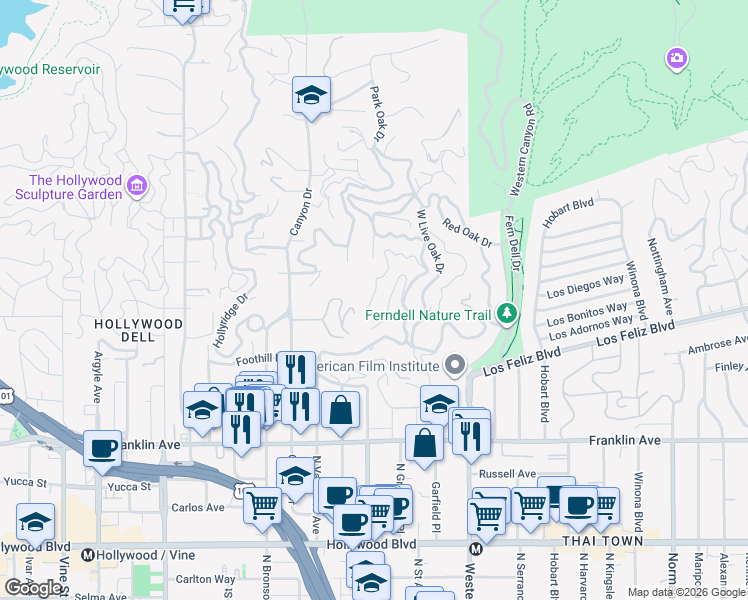 map of restaurants, bars, coffee shops, grocery stores, and more near 5700 Holly Oak Drive in Los Angeles
