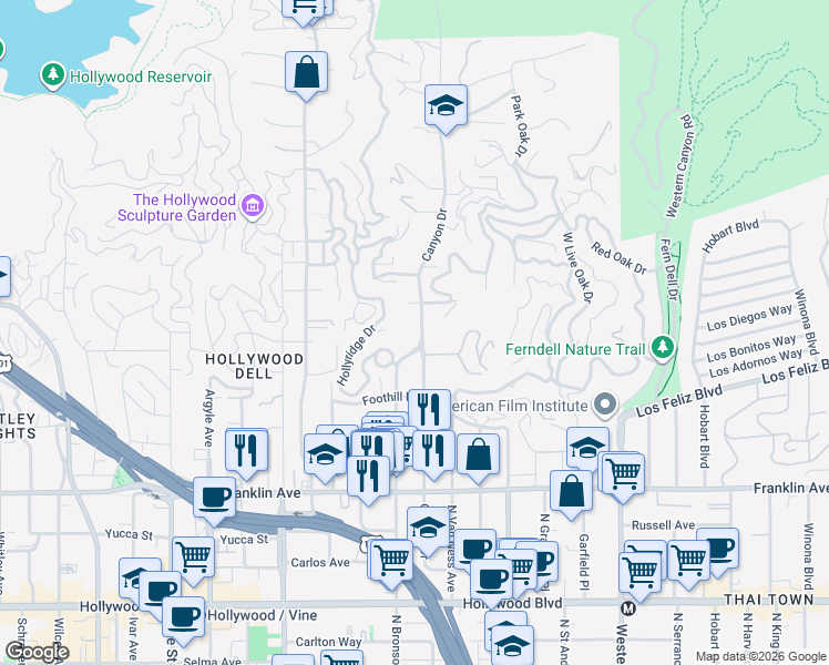 map of restaurants, bars, coffee shops, grocery stores, and more near 2201 North Bronson Avenue in Los Angeles