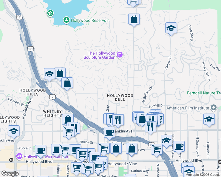 map of restaurants, bars, coffee shops, grocery stores, and more near 6221 Scenic Avenue in Los Angeles