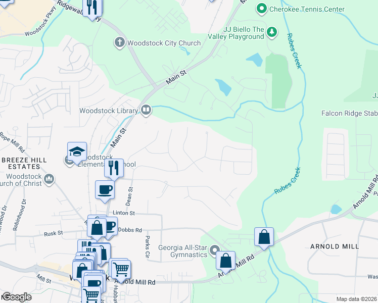 map of restaurants, bars, coffee shops, grocery stores, and more near 616 Oakbourne Way in Woodstock