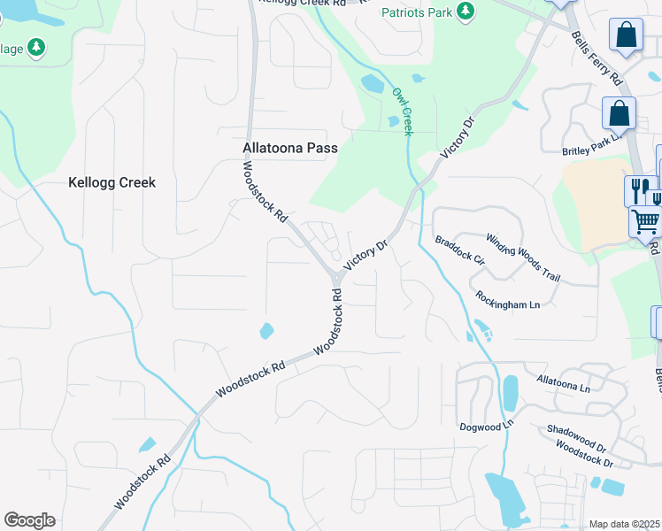 map of restaurants, bars, coffee shops, grocery stores, and more near 304 Bunker Hill Court in Acworth