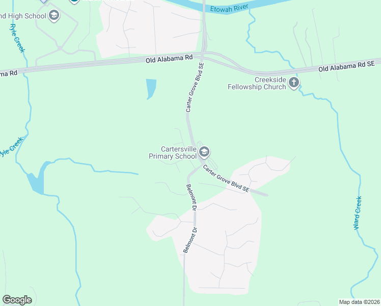 map of restaurants, bars, coffee shops, grocery stores, and more near 10 Aspen Lane Southeast in Cartersville