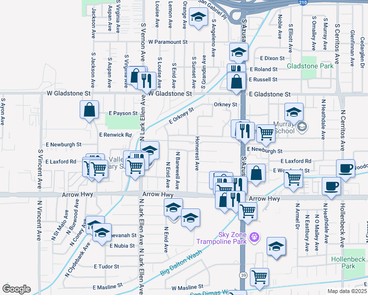 map of restaurants, bars, coffee shops, grocery stores, and more near 17139 East Newburgh Street in Azusa