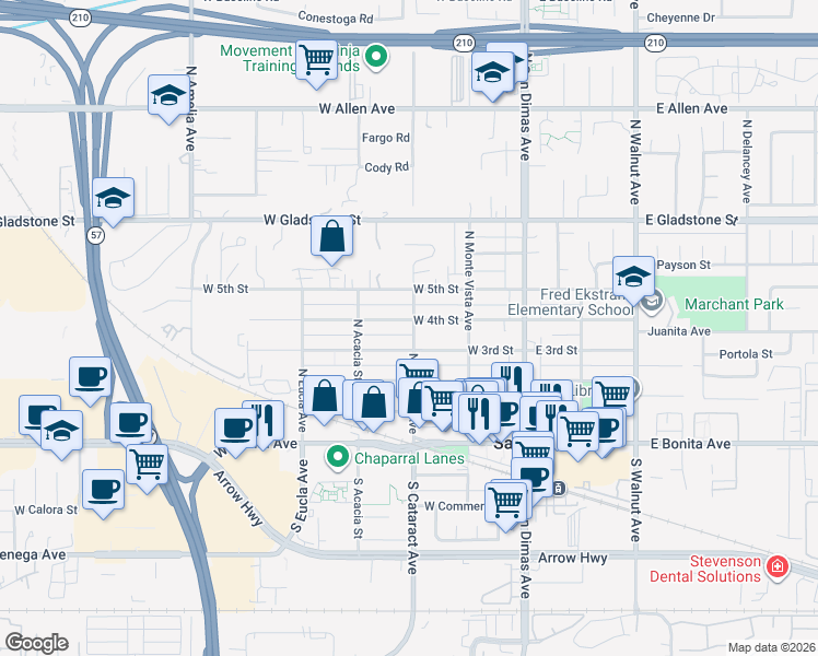 map of restaurants, bars, coffee shops, grocery stores, and more near 321 North Cataract Avenue in San Dimas