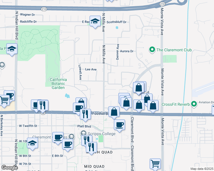 map of restaurants, bars, coffee shops, grocery stores, and more near 1480 North Mills Avenue in Claremont