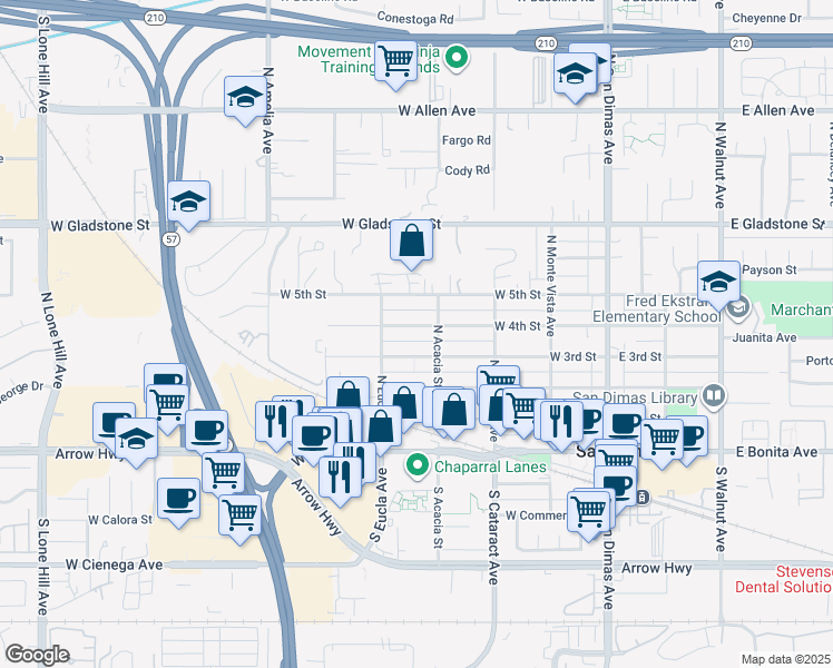 map of restaurants, bars, coffee shops, grocery stores, and more near 417 West 3rd Street in San Dimas