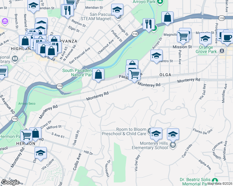 map of restaurants, bars, coffee shops, grocery stores, and more near 201 Monterey Road in South Pasadena