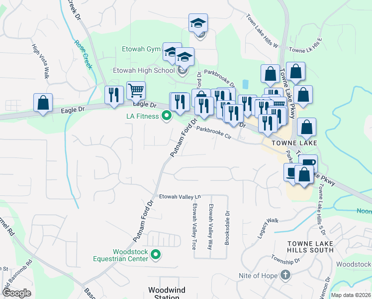 map of restaurants, bars, coffee shops, grocery stores, and more near 6454 Putnam Ford Drive in Woodstock