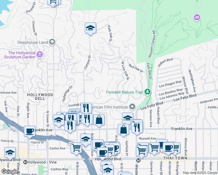 map of restaurants, bars, coffee shops, grocery stores, and more near 5692 Holly Oak Drive in Los Angeles