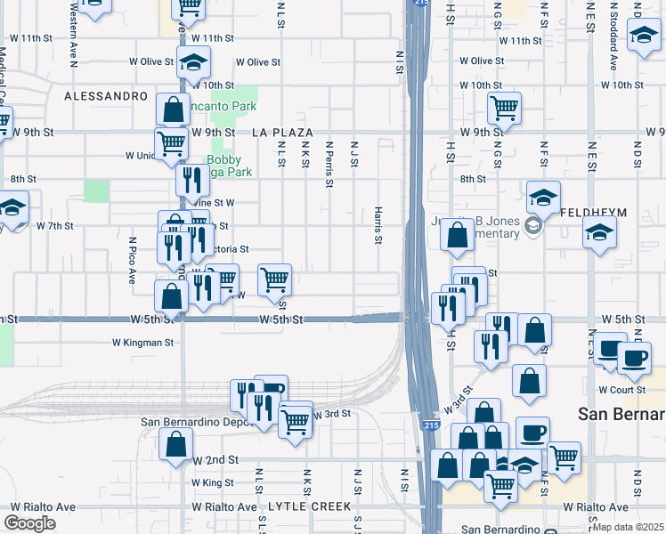 map of restaurants, bars, coffee shops, grocery stores, and more near 1007 West 6th Street in San Bernardino