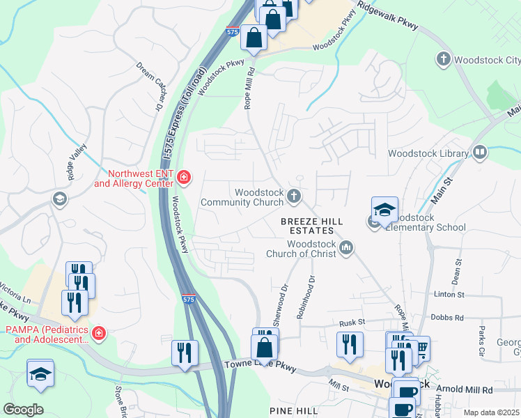 map of restaurants, bars, coffee shops, grocery stores, and more near 411 Falcon Court in Woodstock