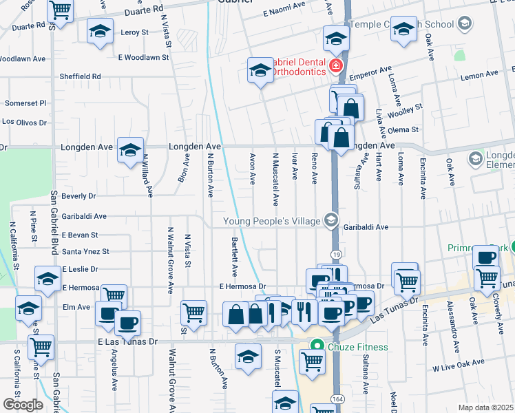 map of restaurants, bars, coffee shops, grocery stores, and more near 6138 Avon Avenue in San Gabriel