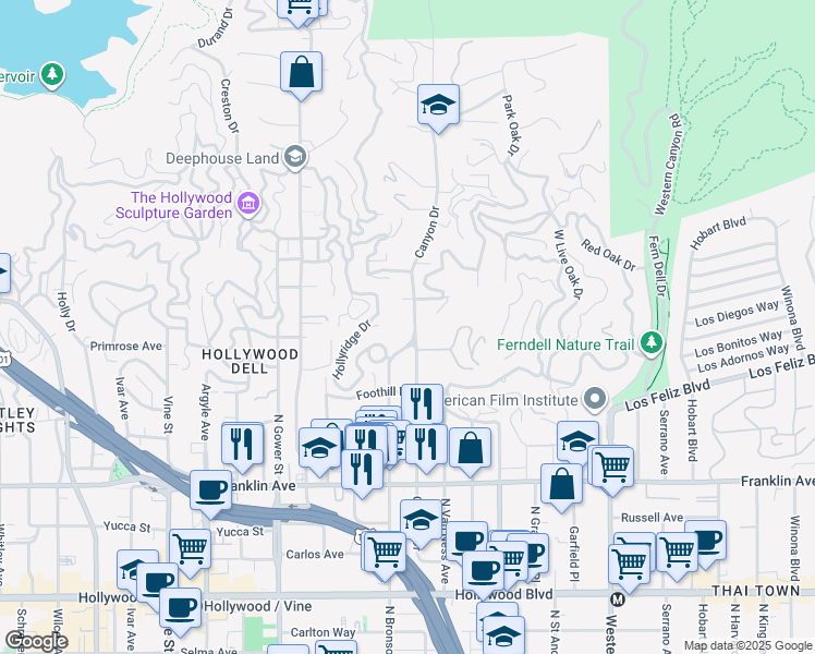 map of restaurants, bars, coffee shops, grocery stores, and more near 2211 Canyon Drive in Los Angeles