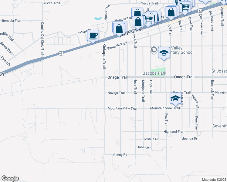 map of restaurants, bars, coffee shops, grocery stores, and more near 55360 Navajo Trail in Yucca Valley