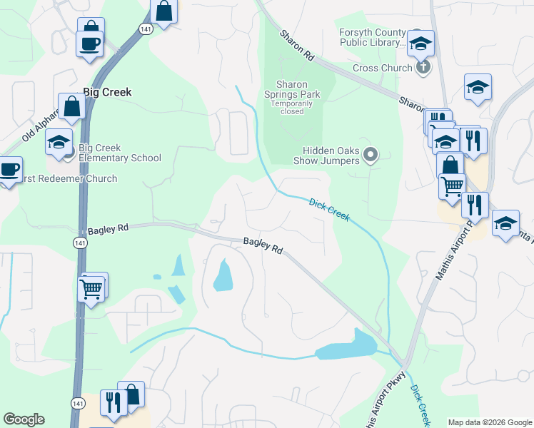 map of restaurants, bars, coffee shops, grocery stores, and more near 2535 Stonegate Drive in Cumming