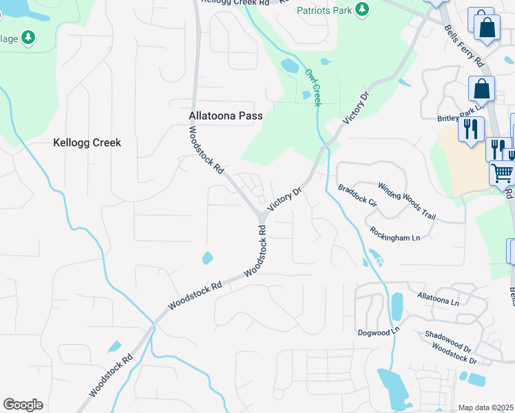 map of restaurants, bars, coffee shops, grocery stores, and more near 304 Bunker Hill Court in Acworth