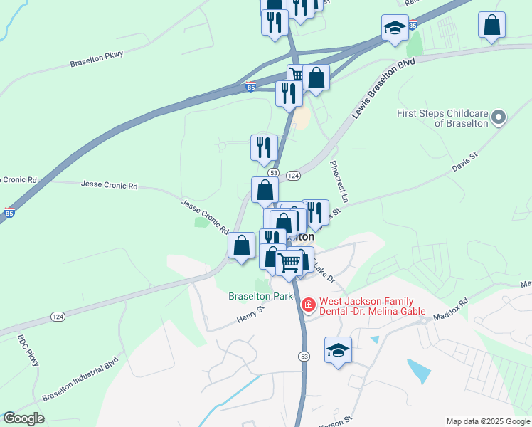 map of restaurants, bars, coffee shops, grocery stores, and more near 5257 Georgia 53 in Braselton
