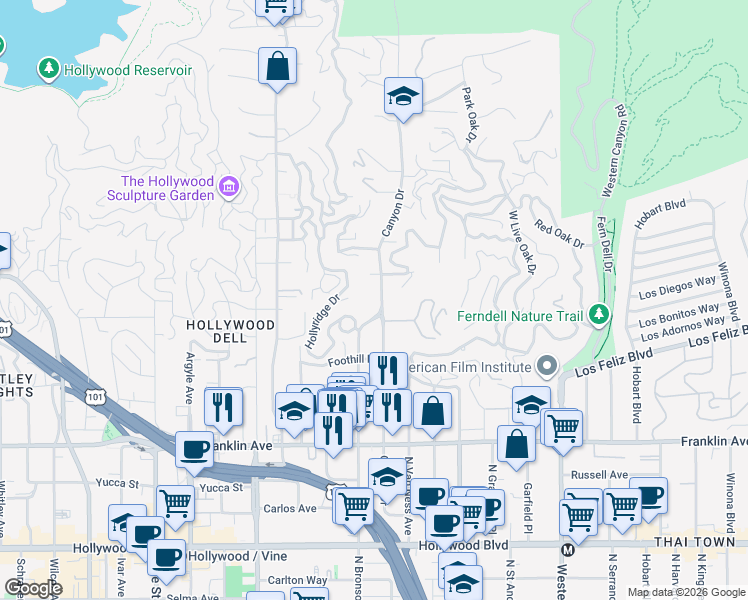 map of restaurants, bars, coffee shops, grocery stores, and more near 2201 North Bronson Avenue in Los Angeles
