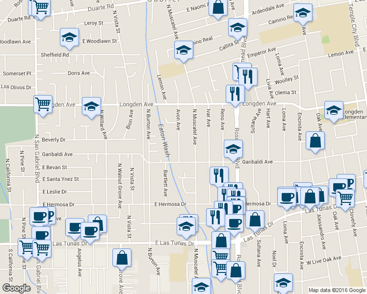 map of restaurants, bars, coffee shops, grocery stores, and more near 6138 Avon Avenue in San Gabriel