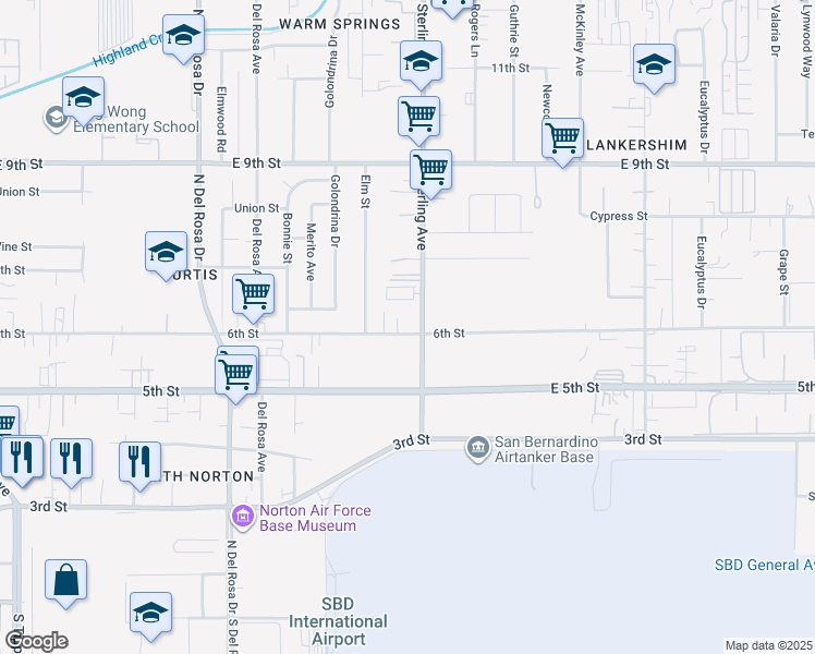 map of restaurants, bars, coffee shops, grocery stores, and more near 25678 6th Street in San Bernardino