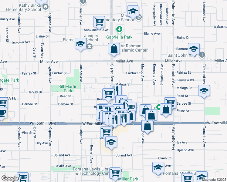map of restaurants, bars, coffee shops, grocery stores, and more near 16940 Reed Street in Fontana