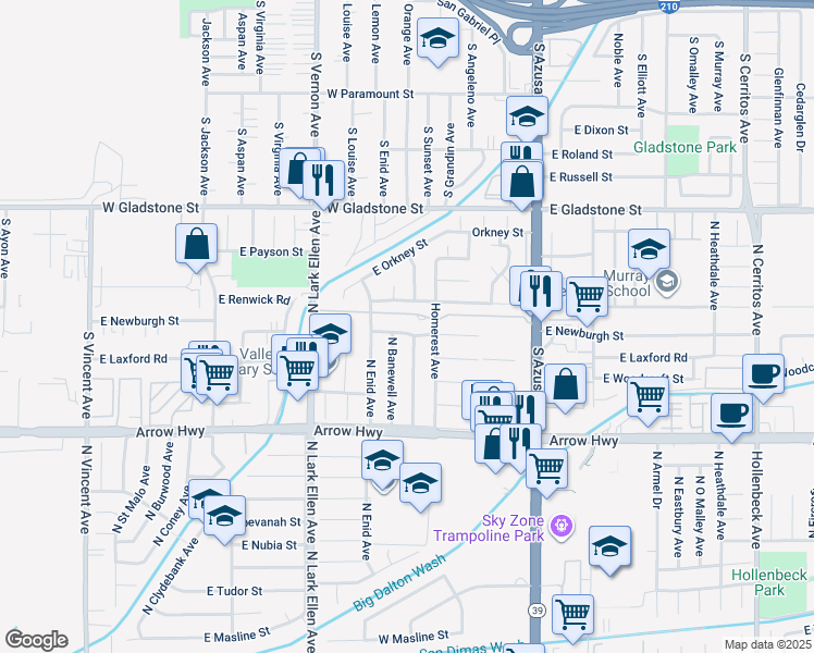 map of restaurants, bars, coffee shops, grocery stores, and more near 17139 East Newburgh Street in Azusa