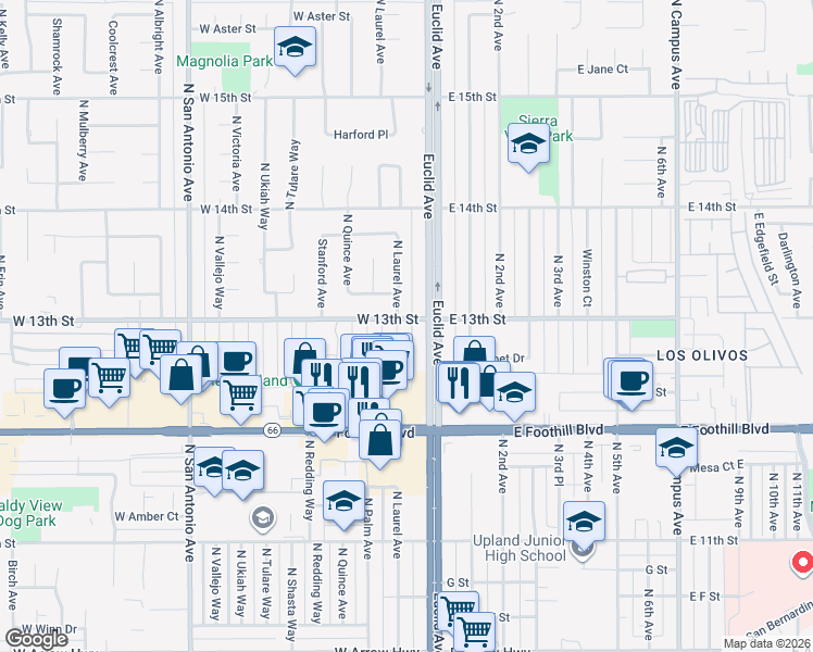 map of restaurants, bars, coffee shops, grocery stores, and more near 1250 North Laurel Avenue in Upland