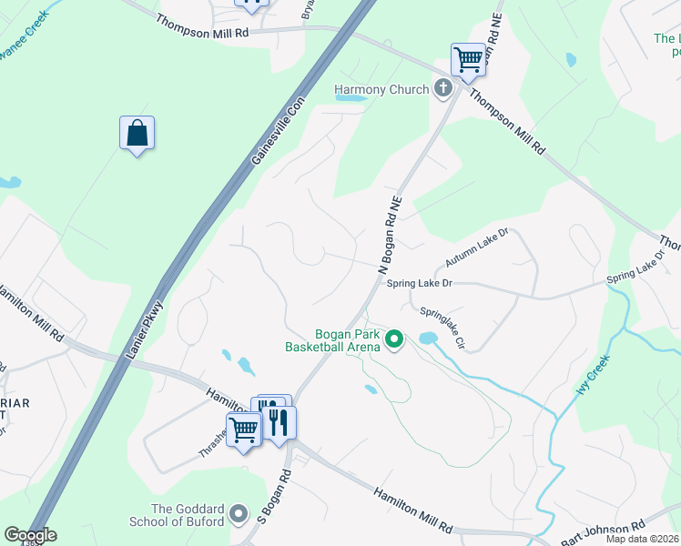 map of restaurants, bars, coffee shops, grocery stores, and more near 4241 Friar Tuck Lane in Buford