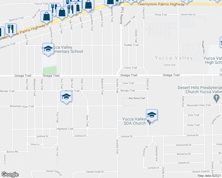 map of restaurants, bars, coffee shops, grocery stores, and more near 56060 Navajo Trail in Yucca Valley
