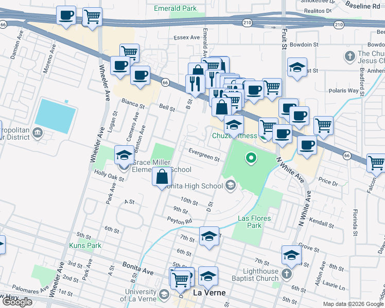map of restaurants, bars, coffee shops, grocery stores, and more near 1964 Evergreen Street in La Verne