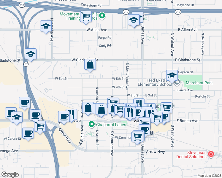 map of restaurants, bars, coffee shops, grocery stores, and more near 321 North Cataract Avenue in San Dimas