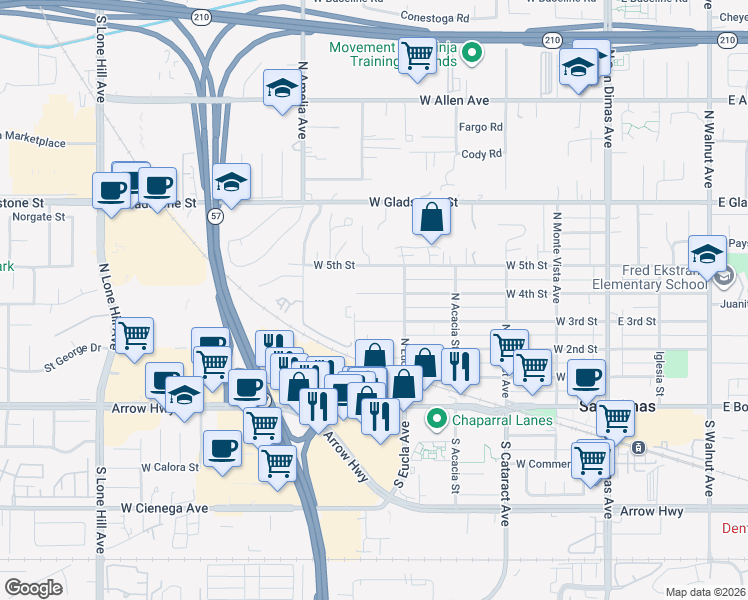 map of restaurants, bars, coffee shops, grocery stores, and more near 537 West 3rd Street in San Dimas