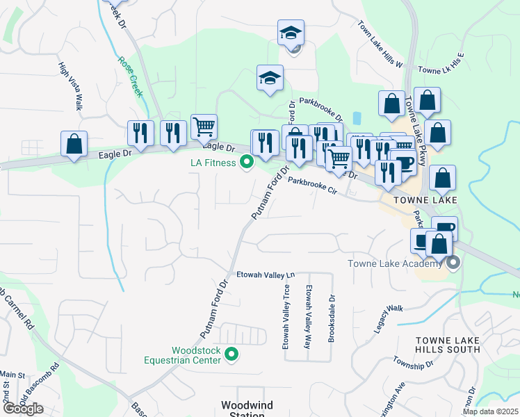 map of restaurants, bars, coffee shops, grocery stores, and more near 100 Grove View Road in Woodstock