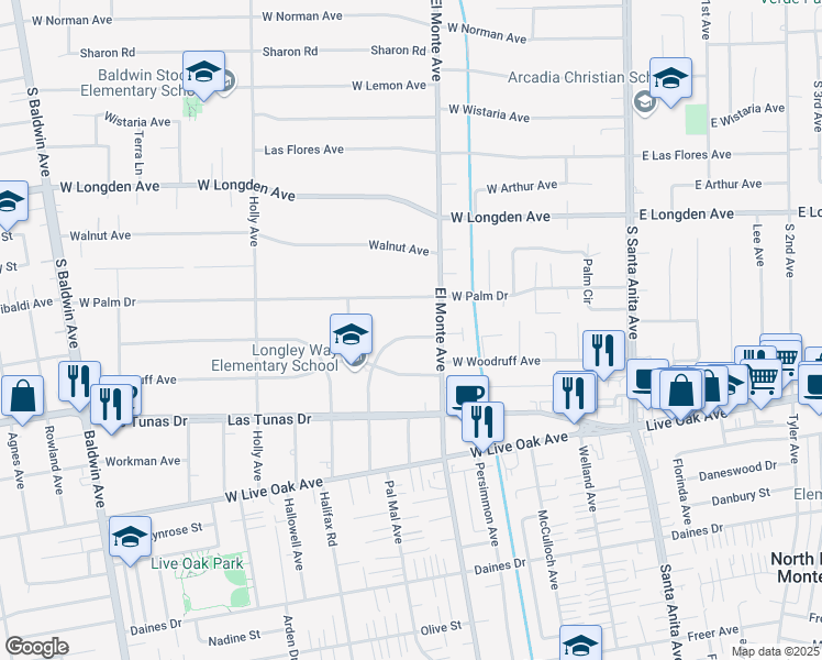 map of restaurants, bars, coffee shops, grocery stores, and more near 225 Longley Way in Arcadia