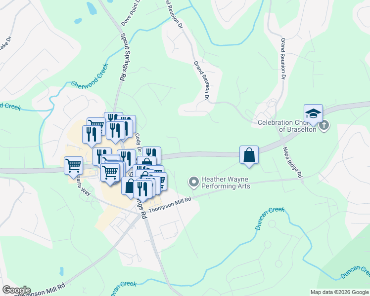 map of restaurants, bars, coffee shops, grocery stores, and more near 1929 Friendship Road in Hoschton