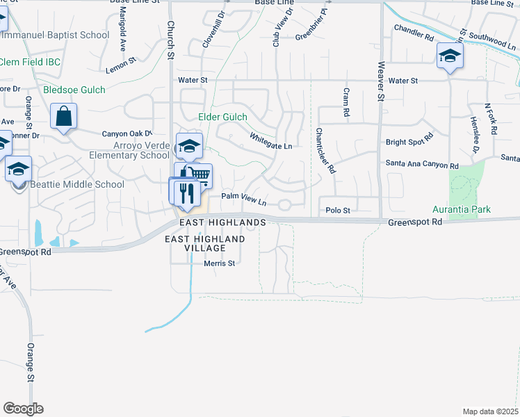 map of restaurants, bars, coffee shops, grocery stores, and more near 29159 Palm View Lane in Highland