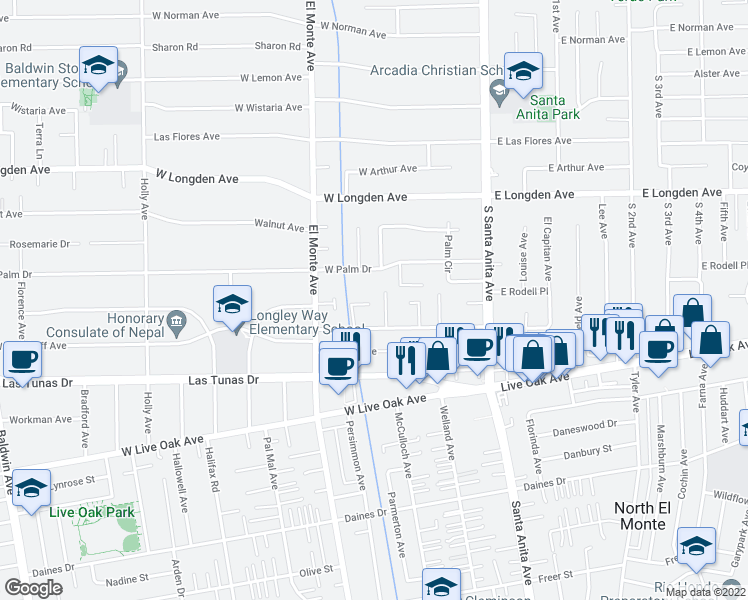 map of restaurants, bars, coffee shops, grocery stores, and more near 131 Woodruff Place in Arcadia