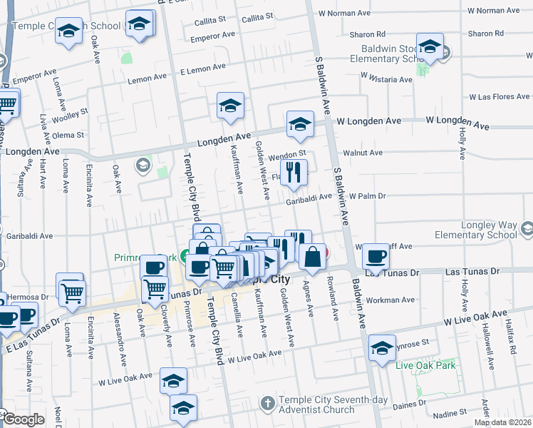 map of restaurants, bars, coffee shops, grocery stores, and more near 6033 Golden West Avenue in Temple City