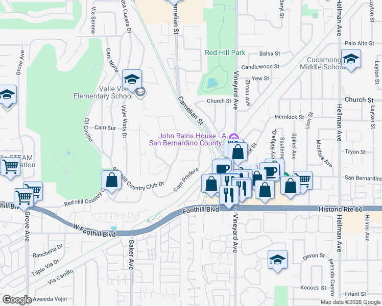 map of restaurants, bars, coffee shops, grocery stores, and more near 8749 Calle Quebrada in Rancho Cucamonga