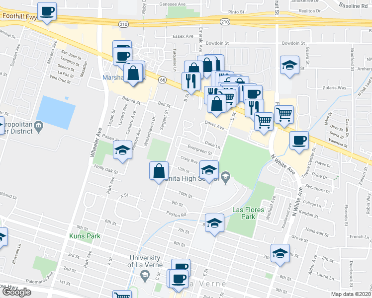 map of restaurants, bars, coffee shops, grocery stores, and more near 1950 Evergreen Street in La Verne