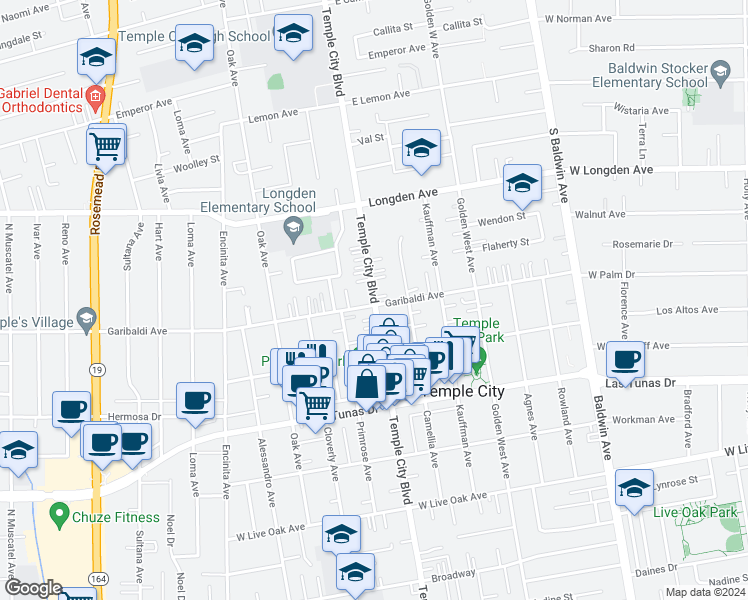 map of restaurants, bars, coffee shops, grocery stores, and more near 2 Temple City Boulevard in Rosemead