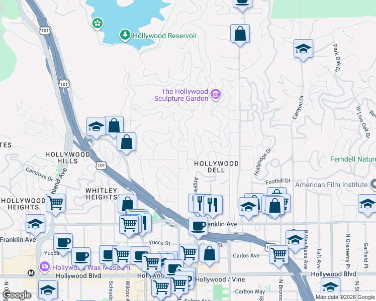 map of restaurants, bars, coffee shops, grocery stores, and more near 2174 Alcyona Drive in Los Angeles