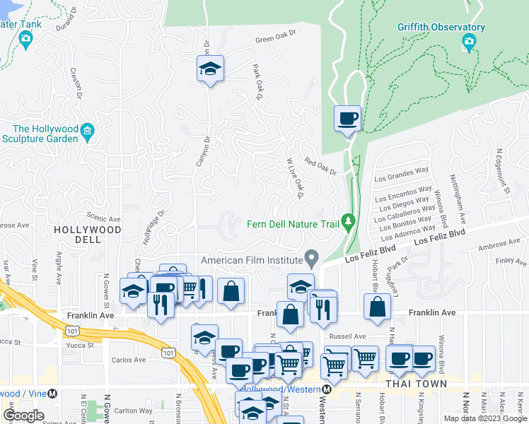 map of restaurants, bars, coffee shops, grocery stores, and more near 5649 Valley Oak Drive in Los Angeles
