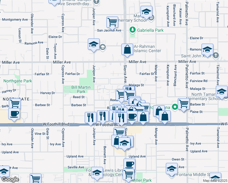 map of restaurants, bars, coffee shops, grocery stores, and more near 7915 Bennett Avenue in Fontana