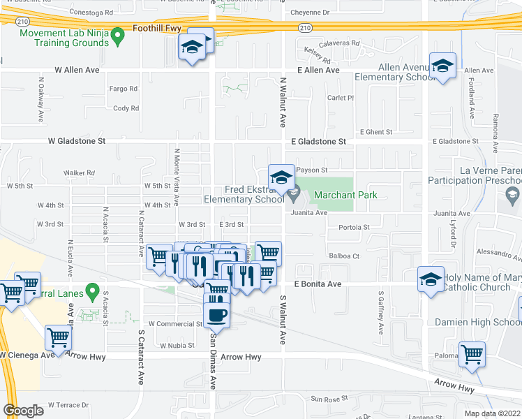 map of restaurants, bars, coffee shops, grocery stores, and more near 220 East 4th Street in San Dimas