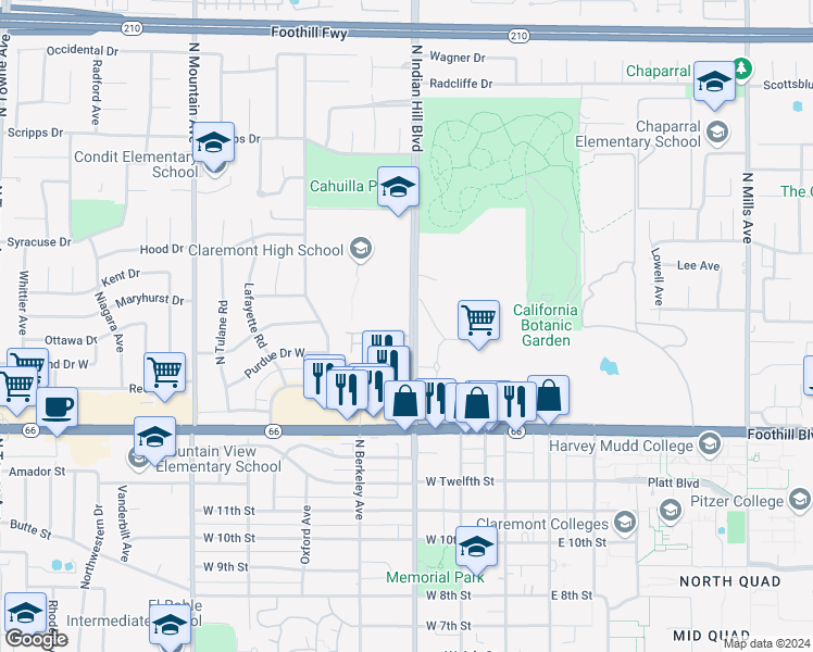 map of restaurants, bars, coffee shops, grocery stores, and more near 407 Willamette Lane in Claremont