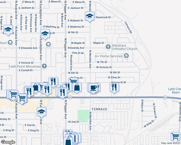 map of restaurants, bars, coffee shops, grocery stores, and more near North Meridian Avenue in San Bernardino